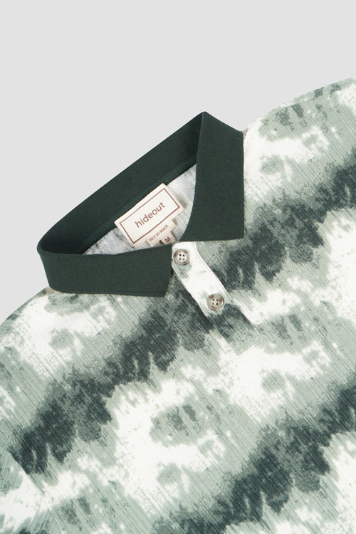 Cloud Pattern Short-Sleeve Knit Polo Shirt Brown Green
