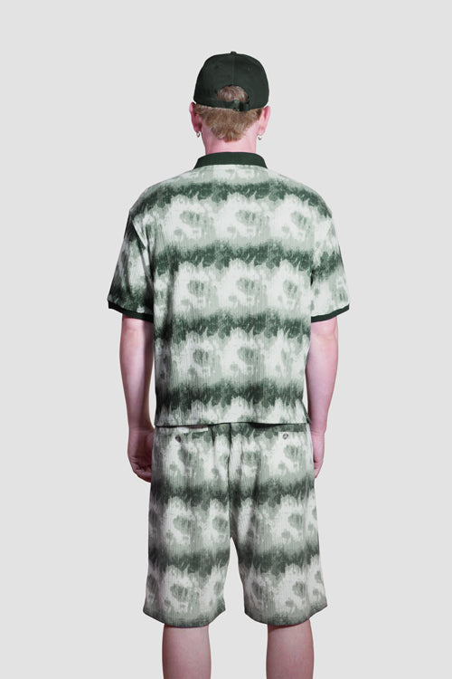 Cloud Pattern Short-Sleeve Knit Polo Shirt Brown Green
