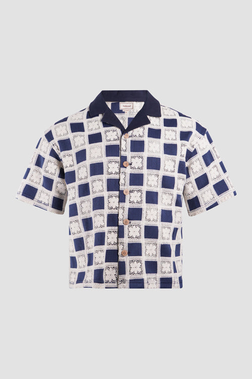 Flower Pattern Crochet Button Up Shirt Blue-White