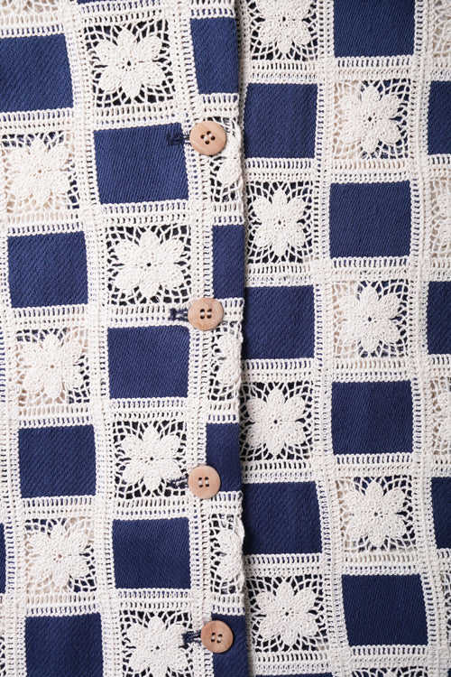 Flower Pattern Crochet Button Up Shirt Blue-White