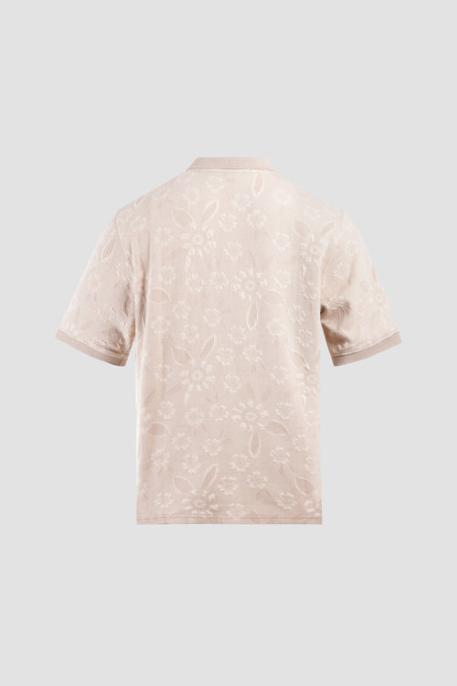 Flower Pattern Textured Knit Polo Shirt White Pink