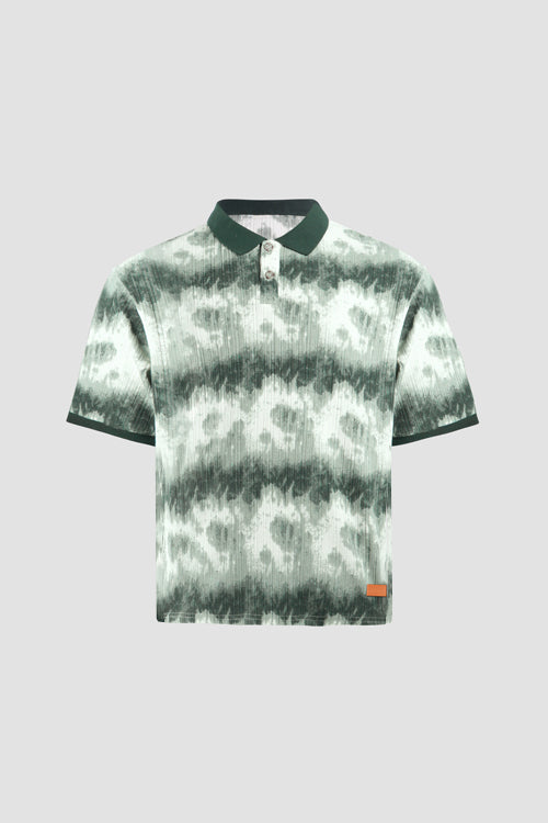 Cloud Pattern Short-Sleeve Knit Polo Shirt Brown Green