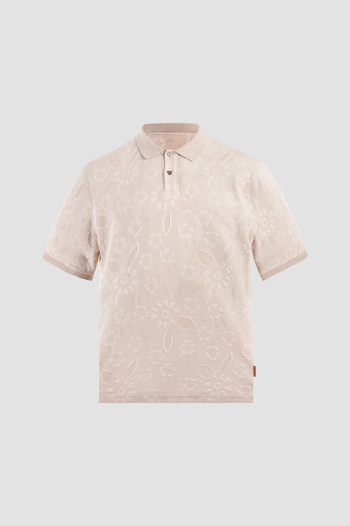 Flower Pattern Textured Knit Polo Shirt
